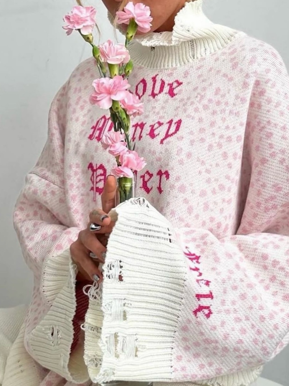 Y2K Pink Distressed Oversized Knit Sweater Love Money Power